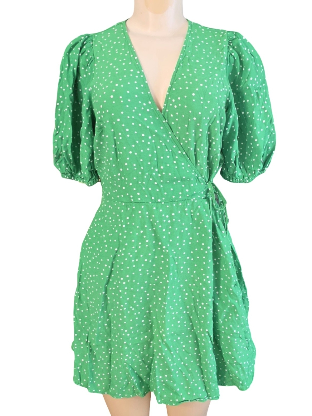 A New Day Green Polka Dot Wrap Mini Dress Puff Sleeve w/ Pockets 100% Rayon XS
